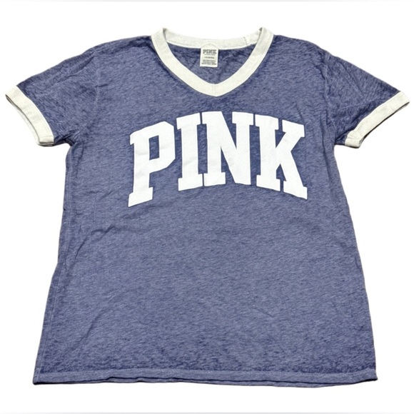 Large PINK Victoria's Secret Blue and White Short Sleeve Tee - Picture 3 of 8